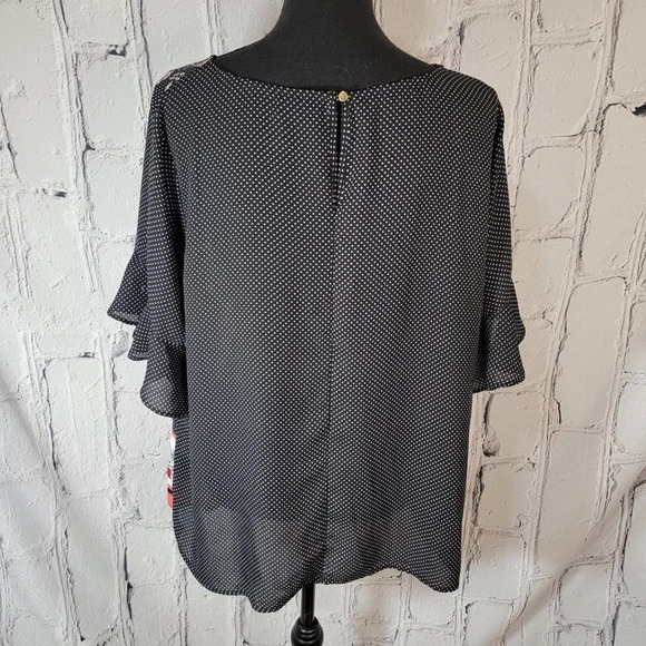 LIZ Claiborne Dolman Black Polka Dot‎ Floral Panel Flowy Chiffon Blouse Top OX - Picture 5 of 6